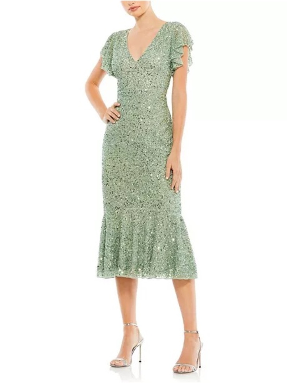 ‼️NEW Mac Duggal Sequined V Neck Flutter Cap Sleeve Trumpet Dress